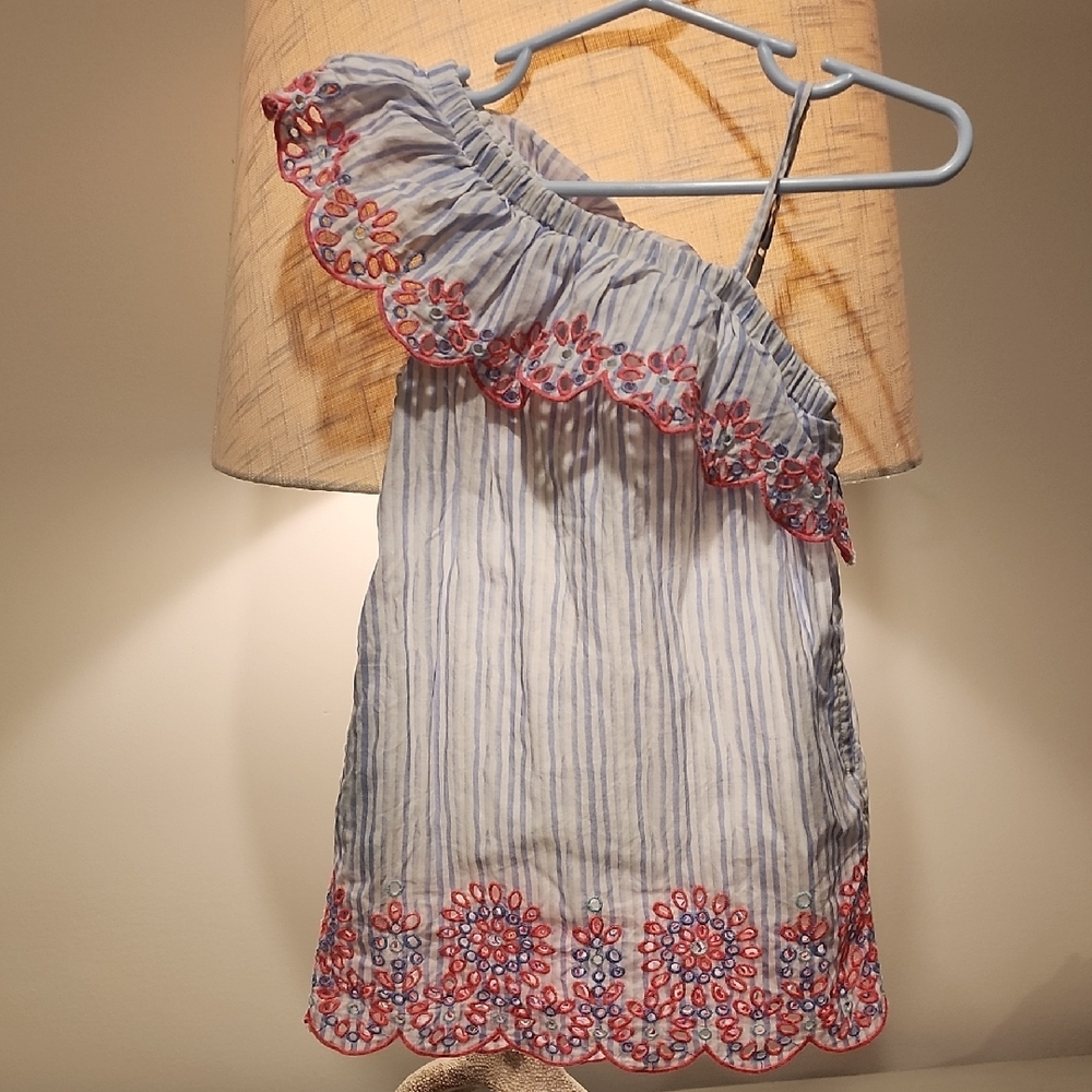 Striped One-Shoulder Top with Embroidered Trim